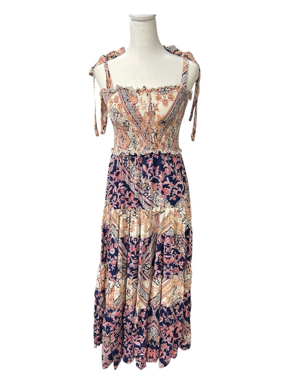 Anthropologie Abel the Label Boho Tiered Smocked Tie Boho Maxi Dress Size M